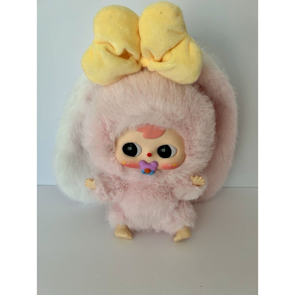 Baby ThreePink Rabbit Plush Doll Animation Bunny Ears Yellow Bow.